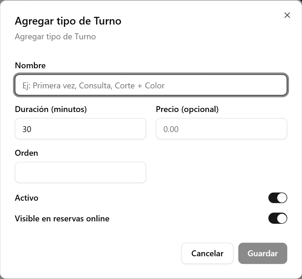 Campos de activo, visible y orden en el tipo de turno