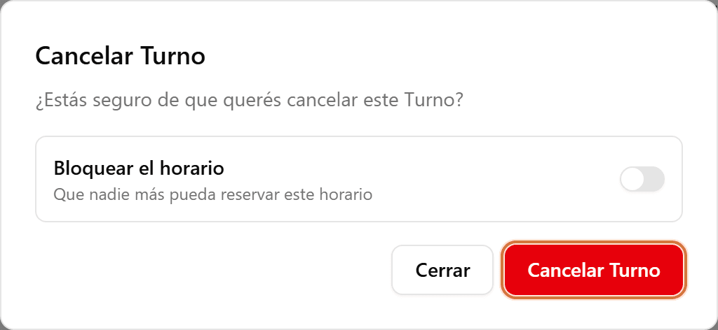 Botón para confirmar la cancelación del turno