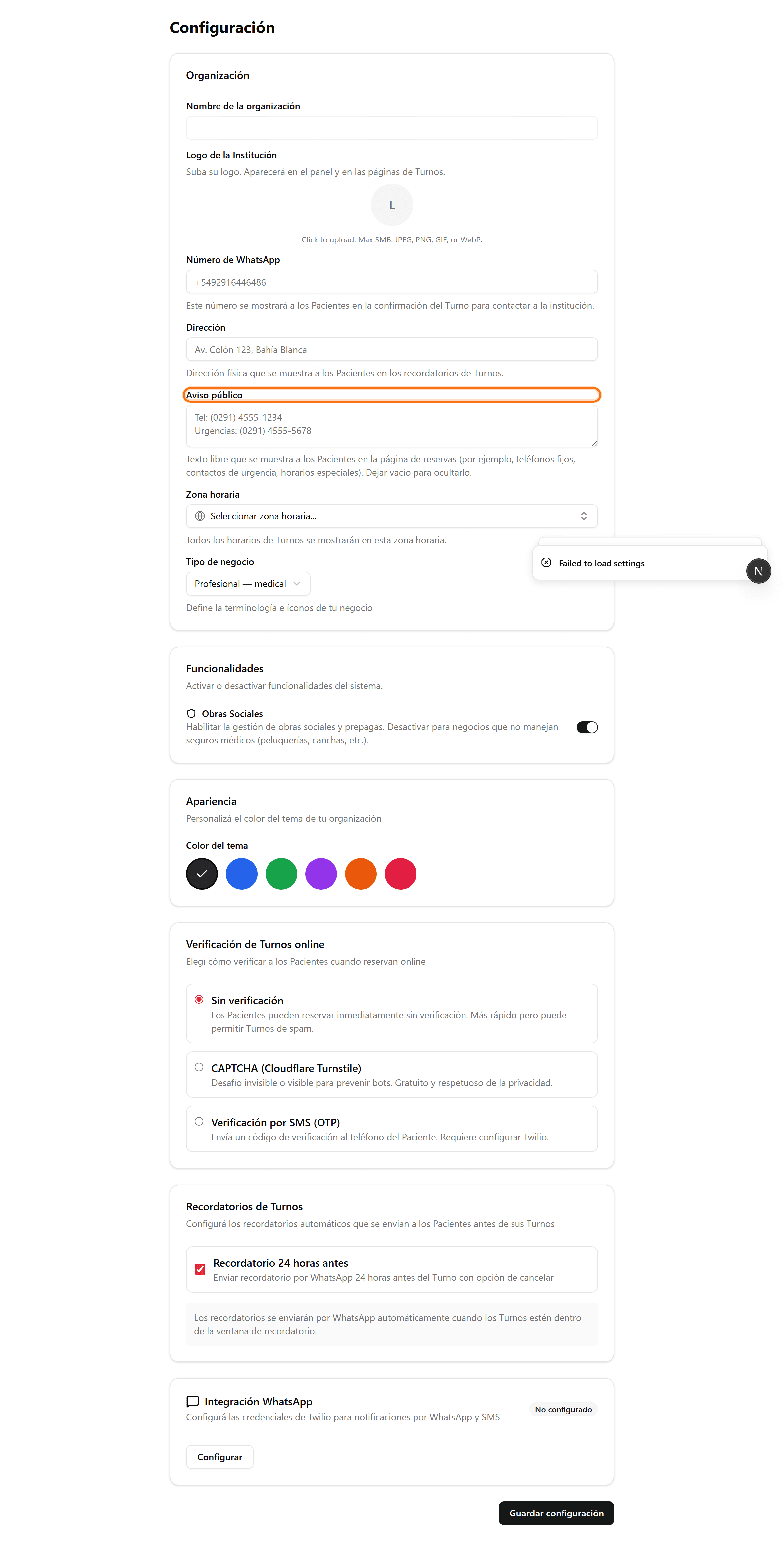 Campo Aviso público en Configuración