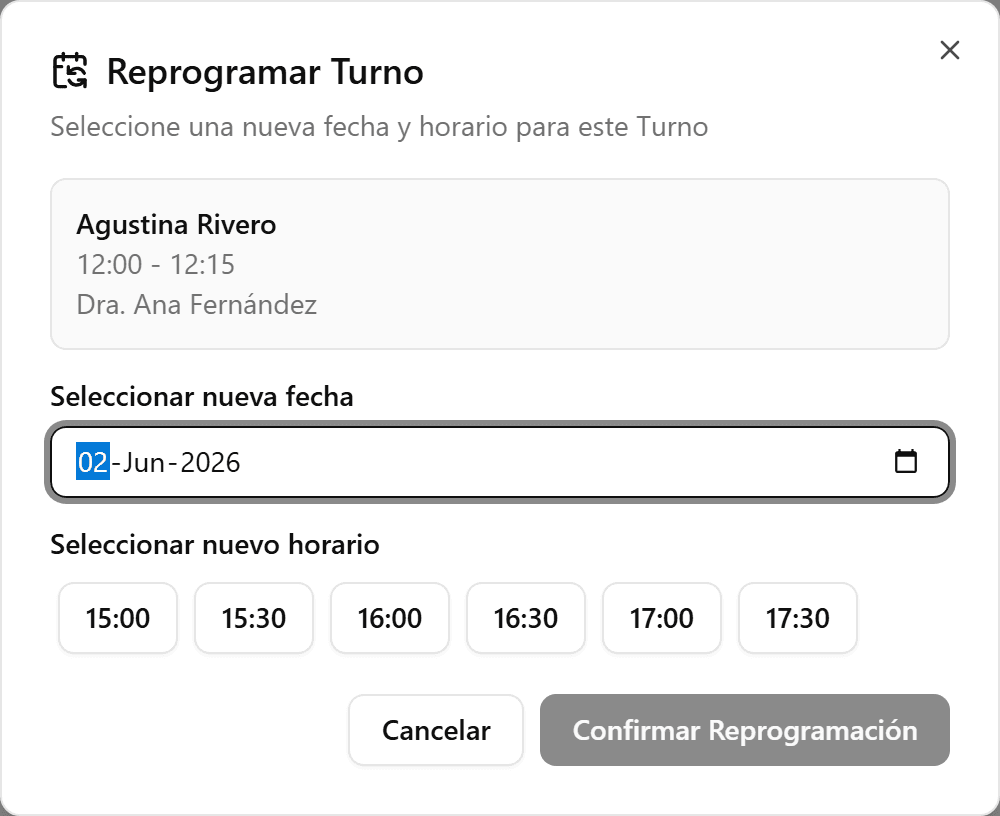 Grilla de horarios disponibles para reprogramar