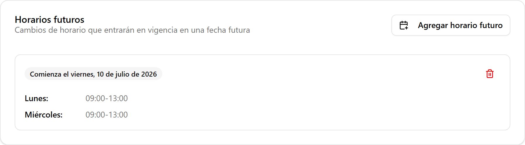 Tarjeta de horario futuro con la fecha de inicio
