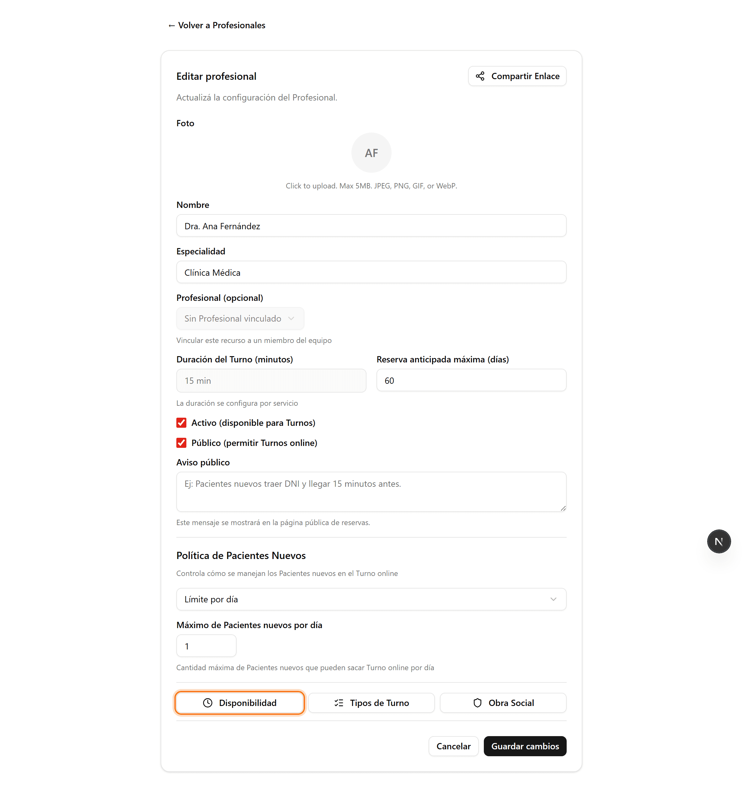 Botón Disponibilidad en la ficha del profesional
